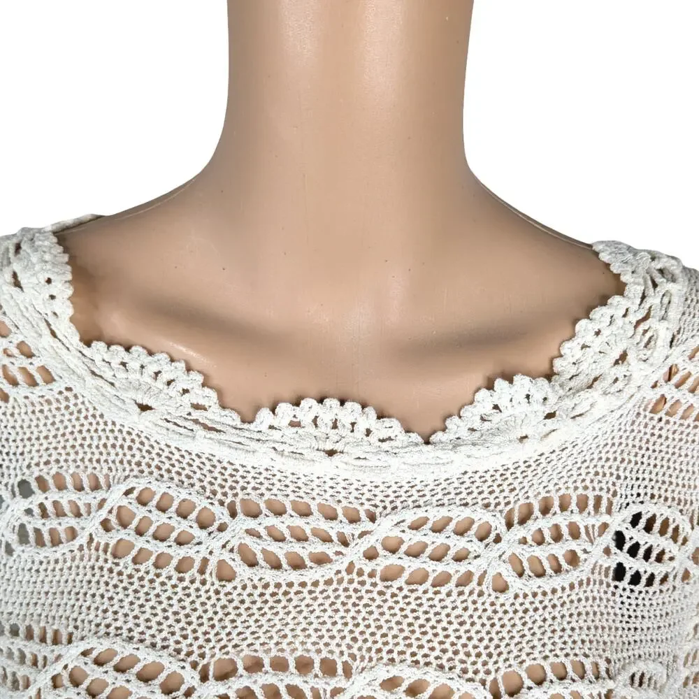 Vintage Joseph A Ivory Open Crochet Knit Sweater Scalloped Pointelle Coquette L
